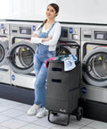 Person with 2 in 1 Shopping Carts for Groceries, 330 lbs Grocery Cart on Wheels, Foldable Utility Carts with Tote Bag in laundry room