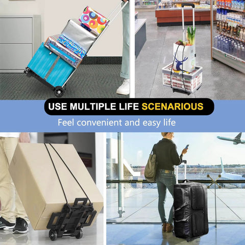 Folding hand truck aluminum trolley used for luggage, grocery shopping, and airport travel.