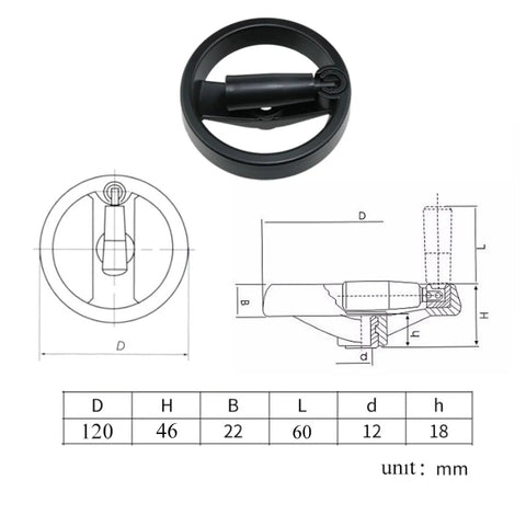 Diagram of Foldable Aluminum Alloy And Bakelite Handwheel With Rotating Handle For Metal Lathe 4.92 Inch Diameter with measurements.
