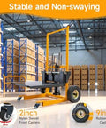 Foldable Hydraulic Material Lift Winch Stacker 450 Lbs Capacity with 35.8 Inch Max Lift and 9 Inch Wheels in a warehouse setting