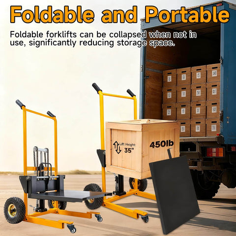 Foldable Hydraulic Material Lift Winch Stacker 450 Lbs Capacity With 35.8 Inch Max Lift And 9 Inch Wheels