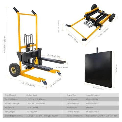 Foldable Hydraulic Material Lift Winch Stacker 450 Lbs Capacity With 35.8 Inch Max Lift And 9 Inch Wheels 360 Degree Swivel Casters Pallet Truck Dolly Fork Lift Table Cart Removable Platform Adjustable Forks