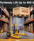 Foldable Hydraulic Material Lift Winch Stacker 450 Lbs Capacity lifting a crate in a warehouse with 35.8 Inch Max Lift