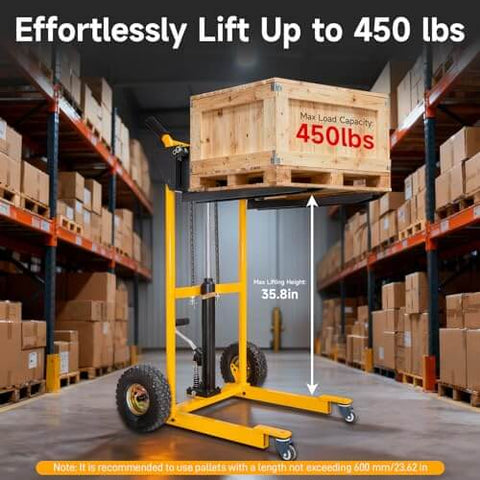 Foldable Hydraulic Material Lift Winch Stacker 450 Lbs Capacity lifting a crate in a warehouse with 35.8 Inch Max Lift