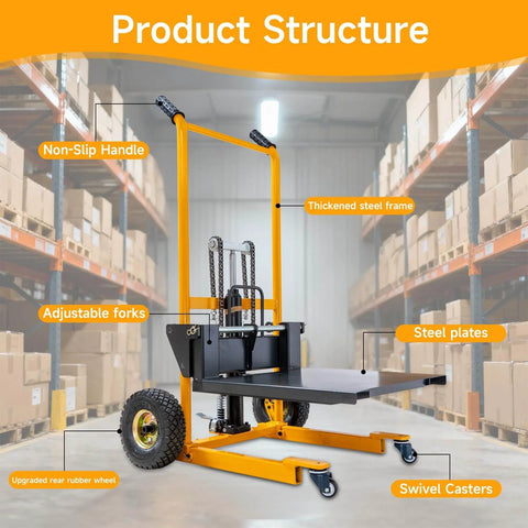 Foldable Hydraulic Material Lift Winch Stacker 450 Lbs Capacity features adjustable forks, swivel casters, and steel frame.