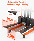 Close-up of Hydraulic Material Lift Winch Stacker With 450 Lb Capacity, showing adjustable fork dimensions and black-orange design.
