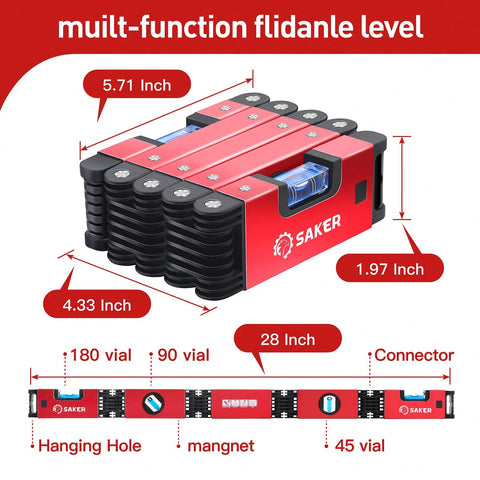 Multi Function Foldable Level Tool 28 Inch compact design with blue vials, folding for efficient storage, ideal for woodworking projects.