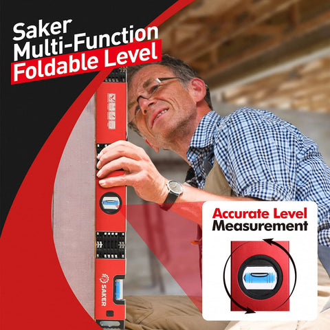 Man using Saker Multi Function Foldable Level Tool 28 Inch With Folding Design For Precise Leveling, woodworking project setting.