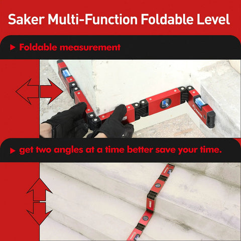 Multi Function Foldable Level Tool 28 Inch with folding design used on stairs for precise leveling, featuring blue acrylic vials.