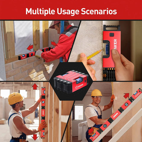 Multi Function Foldable Level Tool 28 Inch shown in various job site scenarios for woodworking and DIY projects.