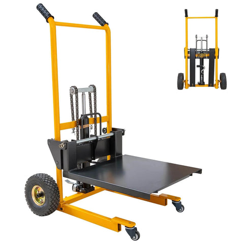 Foldable Hydraulic Material Lift Winch Stacker 450 Lbs Capacity with 35.8 Inch Max Lift and 9 Inch Wheels, side view