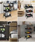 Foldable 3 Tier Metal Utility Rolling Cart With Locking Folding Design For Easy Storage And Mobility The Workhorse Trolley Organizer For Home Office Library Black