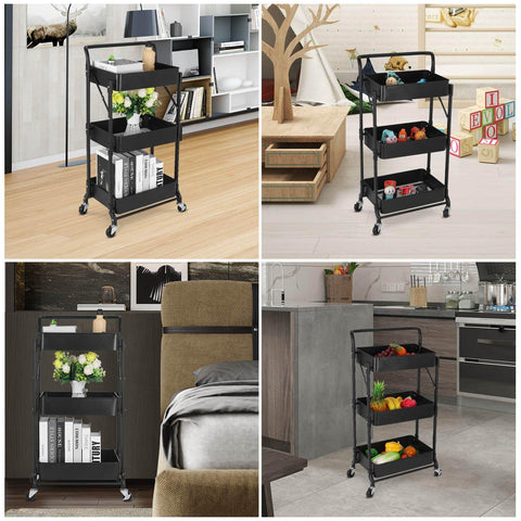 Foldable 3 Tier Metal Utility Rolling Cart With Locking Folding Design For Easy Storage And Mobility The Workhorse Trolley Organizer For Home Office Library Black