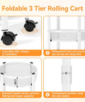 Features of foldable three tier rolling cart with wheels, showing 360° wheels, mesh baskets, and waterproof, rust-proof design.