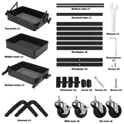 Parts layout for Foldable 3 Tier Metal Utility Rolling Cart With Locking Folding Design For Easy Storage And Mobility The Workhorse Trolley Organizer For Home Office Library Black.