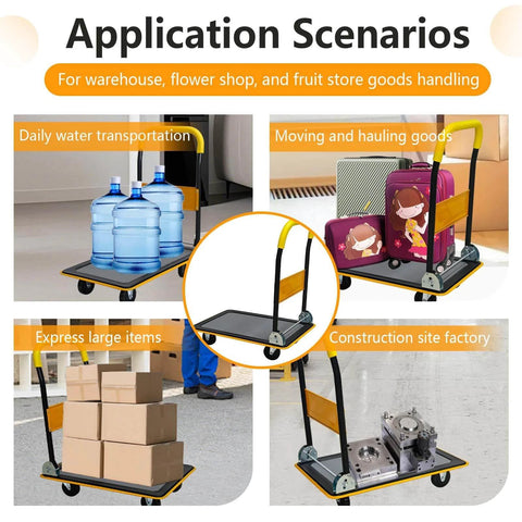 Foldable Push Cart Platform Cart 330lbs Capacity for moving water bottles, luggage, boxes, and machinery. Heavy Duty Steel, 360 Degree Swivel Wheels.