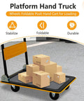 Foldable Push Cart Platform Cart 330lbs Capacity with boxes, heavy duty steel, 360 degree swivel, yellow flatbed hand cart