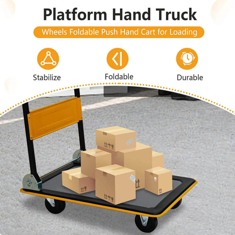 Foldable Push Cart Platform Cart 330lbs Capacity with boxes, heavy duty steel, 360 degree swivel, yellow flatbed hand cart