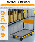 Anti-slip design on yellow 330lb foldable push cart platform with wheels, shown in a warehouse setting.
