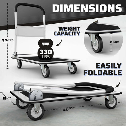Heavy Duty Foldable Push Cart Dolly | 330 lbs. Capacity | Upgraded Collapsible Hand Truck Folding Platform with Swivel Wheels shown folded and open