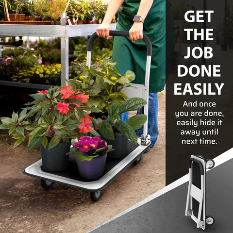 Person using Heavy Duty Foldable Push Cart Dolly | 330 lbs. Capacity | Upgraded Collapsible Hand Truck with plants on platform