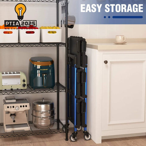 Three Tier Collapsible Service Cart With Wheels For Garage Warehouse Home And Office Foldable Utility Cart Holds Up To 210 Lbs No Assembly Required Portable Durable Easy Out Of The Box WORKPRO folded and stored.