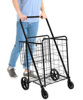 Person using Foldable Collapsible Shopping Cart With 360 Degree Wheels To Haul Groceries And More, Extra Large Capacity, Dual Basket Design, Built Tough Metal Frame, Easy Assembly, Black