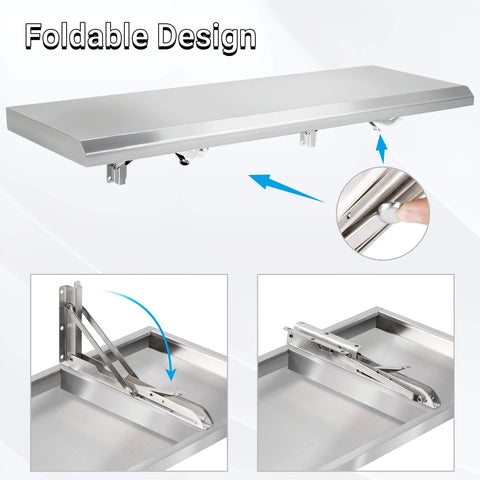 Foldable Concession Shelf for Snack Bars and Carts, 36 by 12 Inches, Stainless Steel, Drop Down Design with wall mount brackets