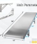 Foldable Concession Shelf for Snack Bars and Carts, 36 by 12 Inches, Stainless Steel, Drop Down Design shown with dimensions