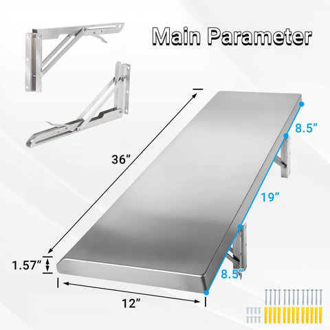 Foldable Concession Shelf for Snack Bars and Carts, 36 by 12 Inches, Stainless Steel, Drop Down Design shown with dimensions