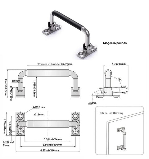 304 Stainless Steel Foldable Cabinet And Drawer Pull Handles With Rubber Grip 90 Degree Folding Four And A Half Inch Length Space Saving Durable Hardware For Cabinets And Drawers Corrosion Resistant with technical dimensions and installation diagram.