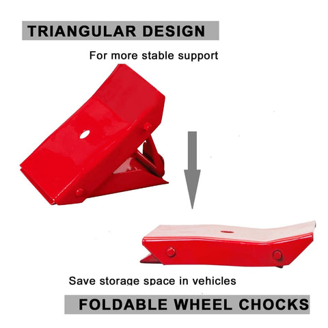 Foldable Steel Wheel Chock Set For Cars And Trailers 2 Pack With Heat Treated Drop Forged Construction Stronger Than Plastic Compact Fold Flat For Easy Carry And Storage TD5775 By Big Red, showing upright and folded views.