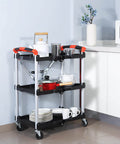 Portable Folding Tool Service Cart On The Go With 150 Lb Capacity, Locking Mechanism, Three Shelf Ergonomic Design, Black Red Finish For Tools And Maintenance, Olympia Tools with kitchen items on shelves