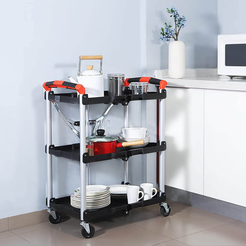 Portable Folding Tool Service Cart On The Go With 150 Lb Capacity, Locking Mechanism, Three Shelf Ergonomic Design, Black Red Finish For Tools And Maintenance, Olympia Tools with kitchen items on shelves