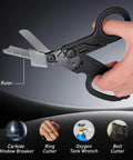 Person holding 6 In 1 Trauma Shears Foldable Kit with heavy duty emergency tools, glass breaker, seatbelt cutter, shown unfolded.