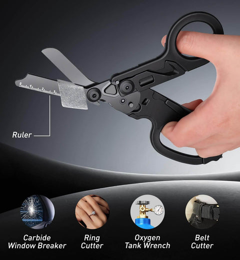 Person holding 6 In 1 Trauma Shears Foldable Kit with heavy duty emergency tools, glass breaker, seatbelt cutter, shown unfolded.