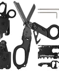 6 In 1 Trauma Shears Foldable Kit With Heavy Duty Emergency Tools Glass Breaker Seatbelt Cutter Holster, black electroplated.