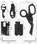 Close-up of 6 In 1 Trauma Shears Foldable Kit With Heavy Duty Emergency Tools, including scissors, holster, and multipurpose tools, black electroplated.