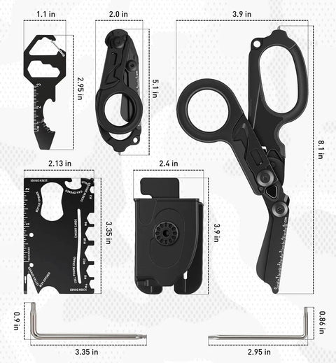 Close-up of 6 In 1 Trauma Shears Foldable Kit With Heavy Duty Emergency Tools, including scissors, holster, and multipurpose tools, black electroplated.