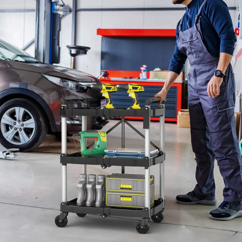 Foldable Utility Cart On Wheels For Home Garage Office Or Restaurant With 3 Tier And 360 Degree Swivel Wheels Brakes On Two No Assembly Required 240 LBS Capacity Collapsible Rolling Cart By YITAHOME with tools
