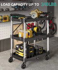 Foldable Utility Cart On Wheels For Home Garage Office Or Restaurant With 3 Tier And 360 Degree Swivel Wheels Brakes On Two No Assembly Required 240 LBS Capacity Collapsible Rolling Cart By YITAHOME shown in a garage with tools.