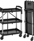 Foldable Utility Cart On Wheels For Home Garage Office Or Restaurant With 3 Tier And 360 Degree Swivel Wheels Brakes On Two No Assembly Required 240 LBS Capacity Collapsible Rolling Cart By YITAHOME, open and folded view