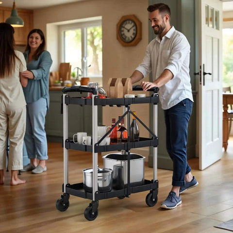 Man using Foldable Utility Cart On Wheels For Home Garage Office Or Restaurant With 3 Tier And 360 Degree Swivel Wheels Brakes