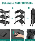 Foldable Utility Cart On Wheels For Home Garage Office Or Restaurant With 3 Tier And 360 Degree Swivel Wheels Brakes On Two No Assembly Required 240 LBS Capacity Collapsible Rolling Cart By YITAHOME, shown folded and open stages.