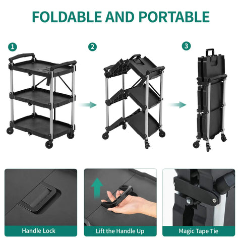 Foldable Utility Cart On Wheels For Home Garage Office Or Restaurant With 3 Tier And 360 Degree Swivel Wheels Brakes On Two No Assembly Required 240 LBS Capacity Collapsible Rolling Cart By YITAHOME, shown folded and open stages.