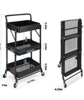 Foldable 3 Tier Metal Utility Rolling Cart With Locking Folding Design For Easy Storage And Mobility The Workhorse Trolley Organizer For Home Office Library Black, shown open and folded with dimensions.