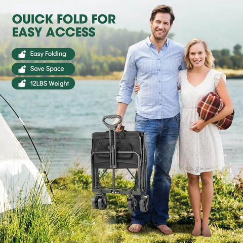 Heavy Duty Collapsible Wagon With Wheels 370 Lb Capacity Foldable Beach Cart for Outdoor Camping, shown folded beside couple outdoors.