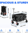 Large 200L Collapsible Wagon Cart With 440 Pounds Weight Capacity And Built In Brake For Camping Garden Sports And Shopping Foldable Utility Wagon 34.6 By 19.6 By 23 Inches Lightweight At Only 16.5 Pounds Black, showing dimensions and folding mechanism.