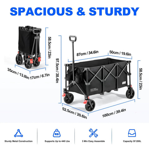Large 200L Collapsible Wagon Cart With 440 Pounds Weight Capacity And Built In Brake For Camping Garden Sports And Shopping Foldable Utility Wagon 34.6 By 19.6 By 23 Inches Lightweight At Only 16.5 Pounds Black, showing dimensions and folding mechanism.