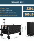 Extra Large Collapsible Wagon Cart With 220L Capacity And 360 Pounds Load All Terrain Wheels With Brakes shown folded and unfolded